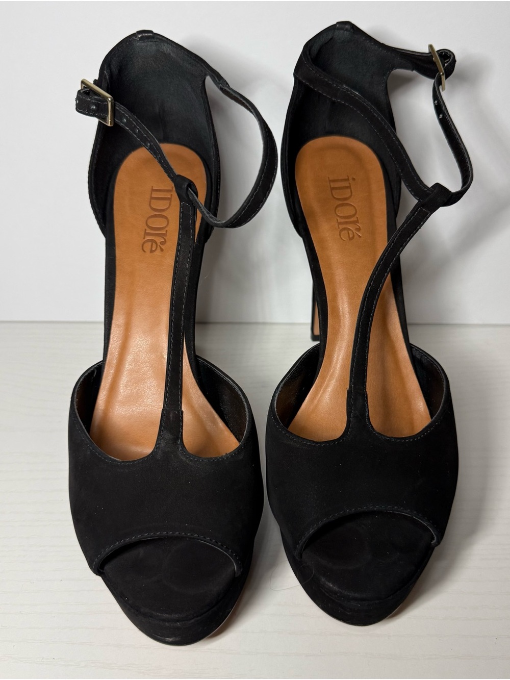Black T-Strap Open-Toe Heels with Ankle Strap